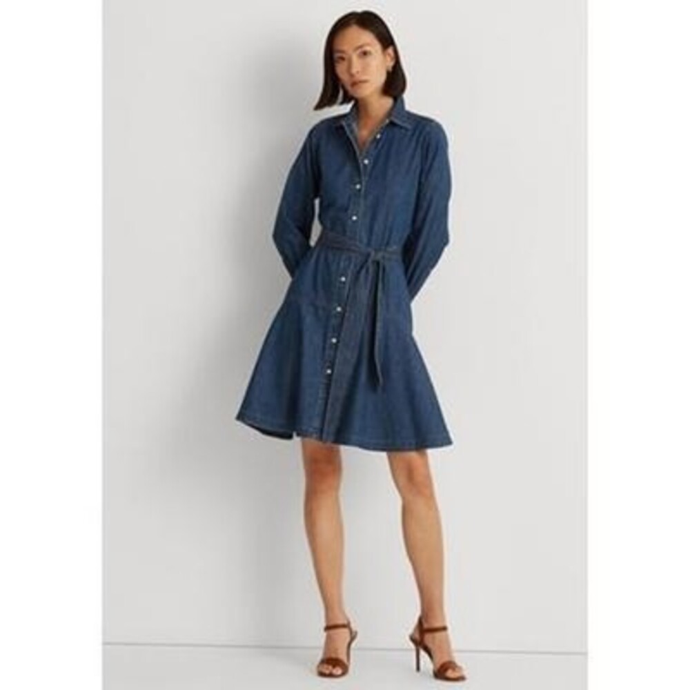 Lauren Ralph Lauren Belted Denim Shirtdress Women's 14 Blue Button Closure L/S